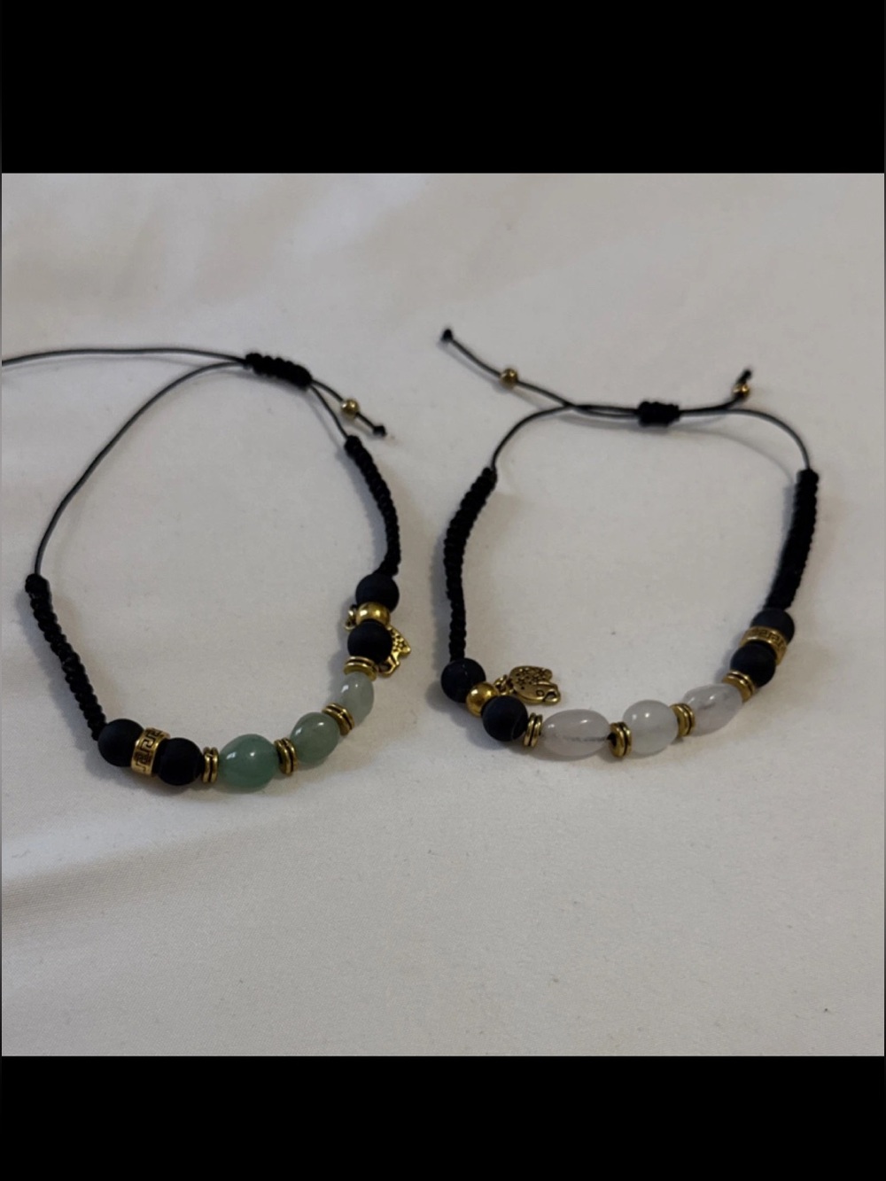 Adjustable Black Cord Bracelets with Green and White Stone Beads